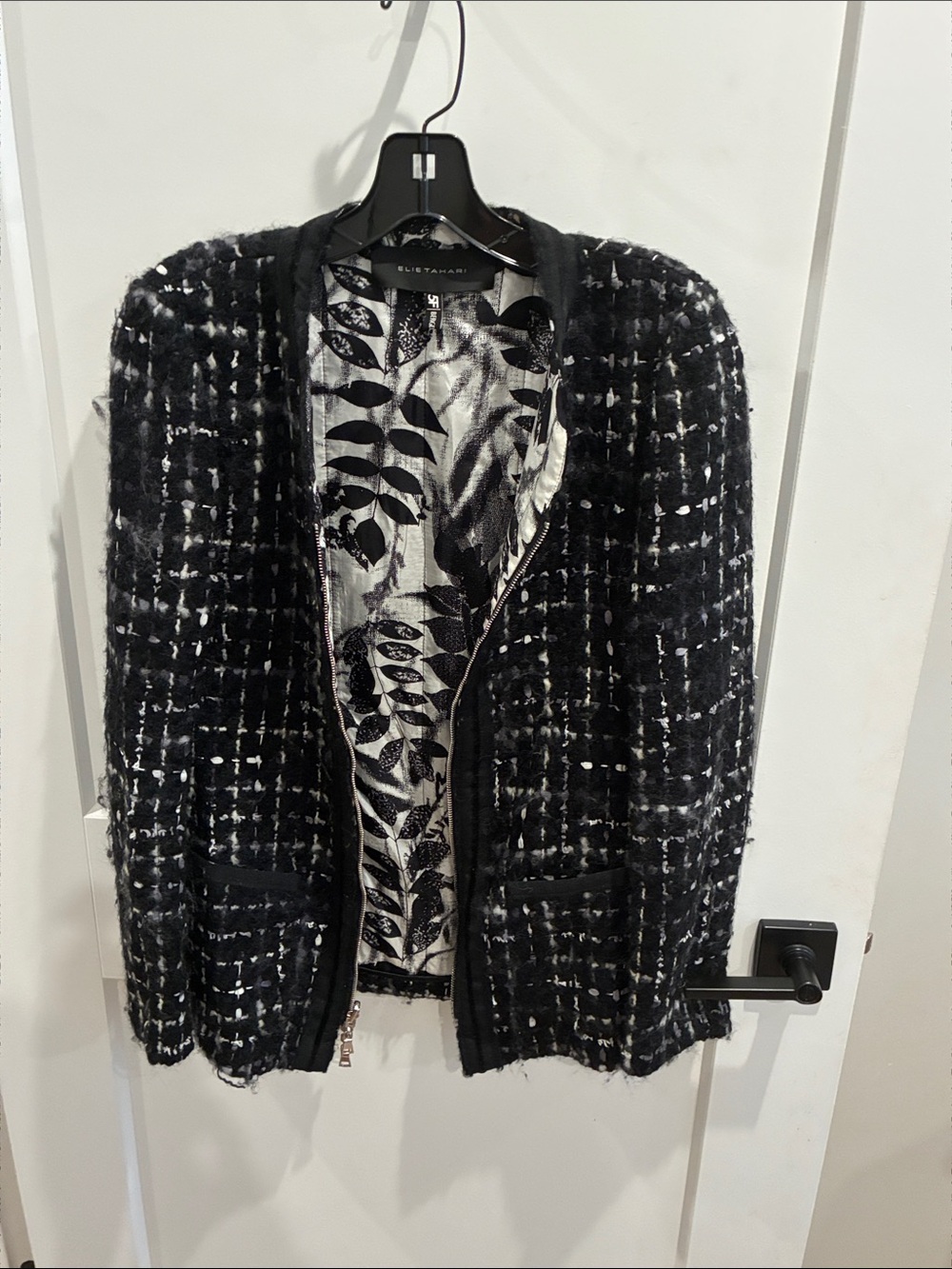 Elie Tahari Black & White Tweed Zip Cardigan